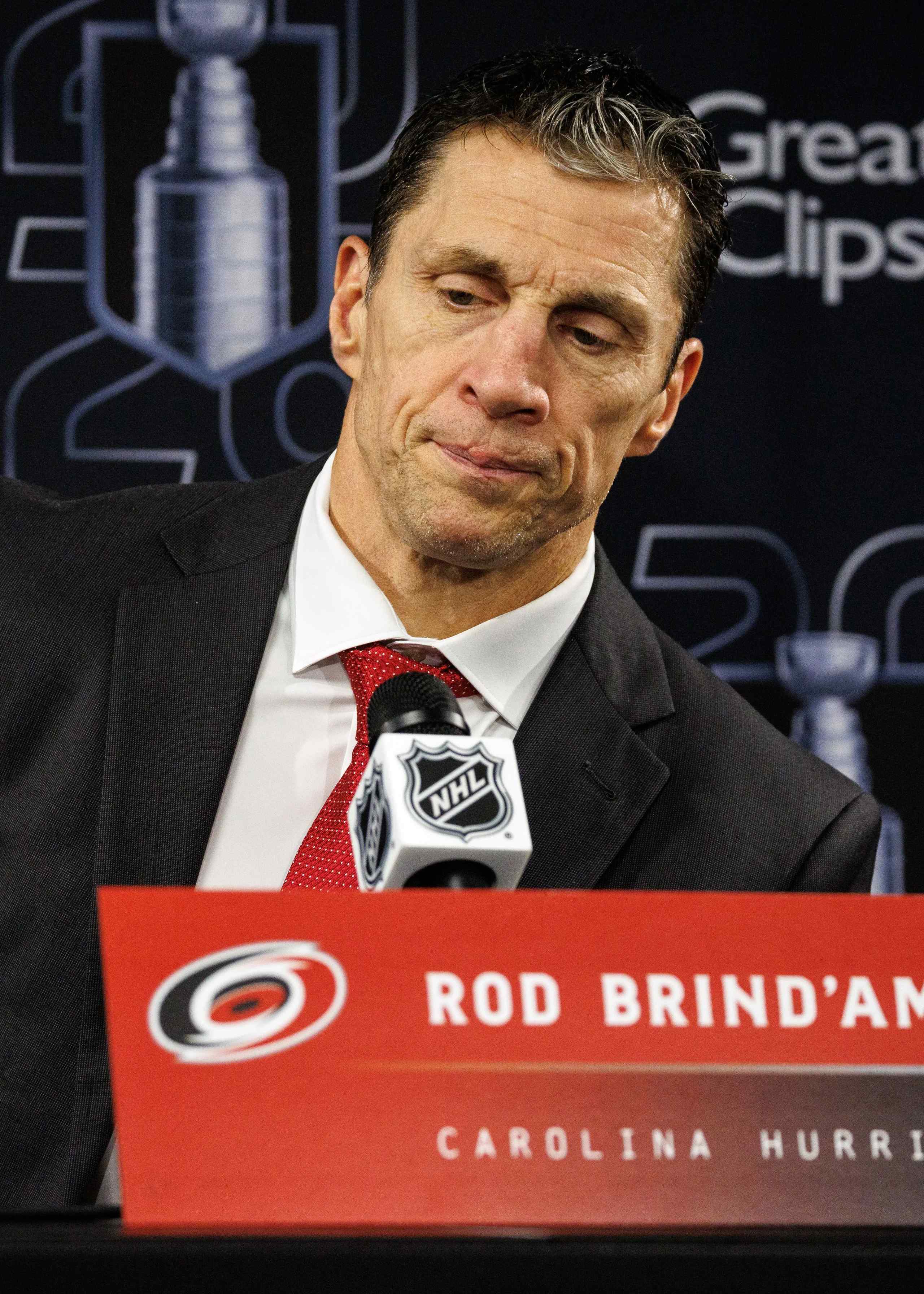 Carolina Hurricanes coach Rod Brind'Amour at a press conference.